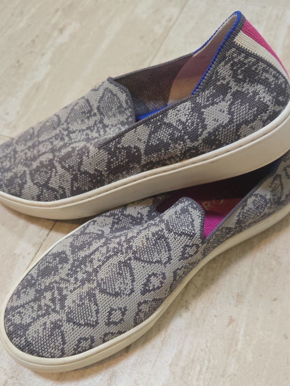 Rothy's Gray Snake-Print Slip-On Loafers with Pink Stripe Heel Tab